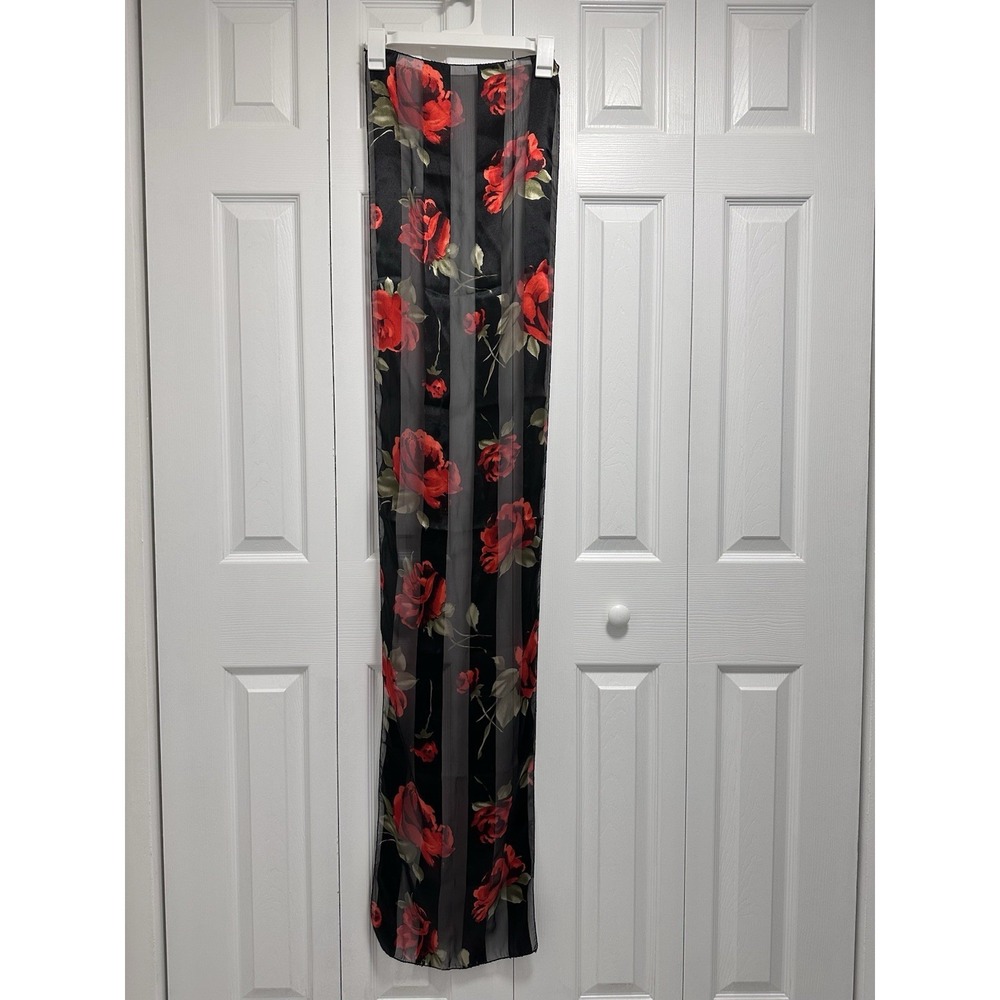 Women Scarf Floral Red Black Rose Flower 100% Polyester Rectangular 60x13" #002